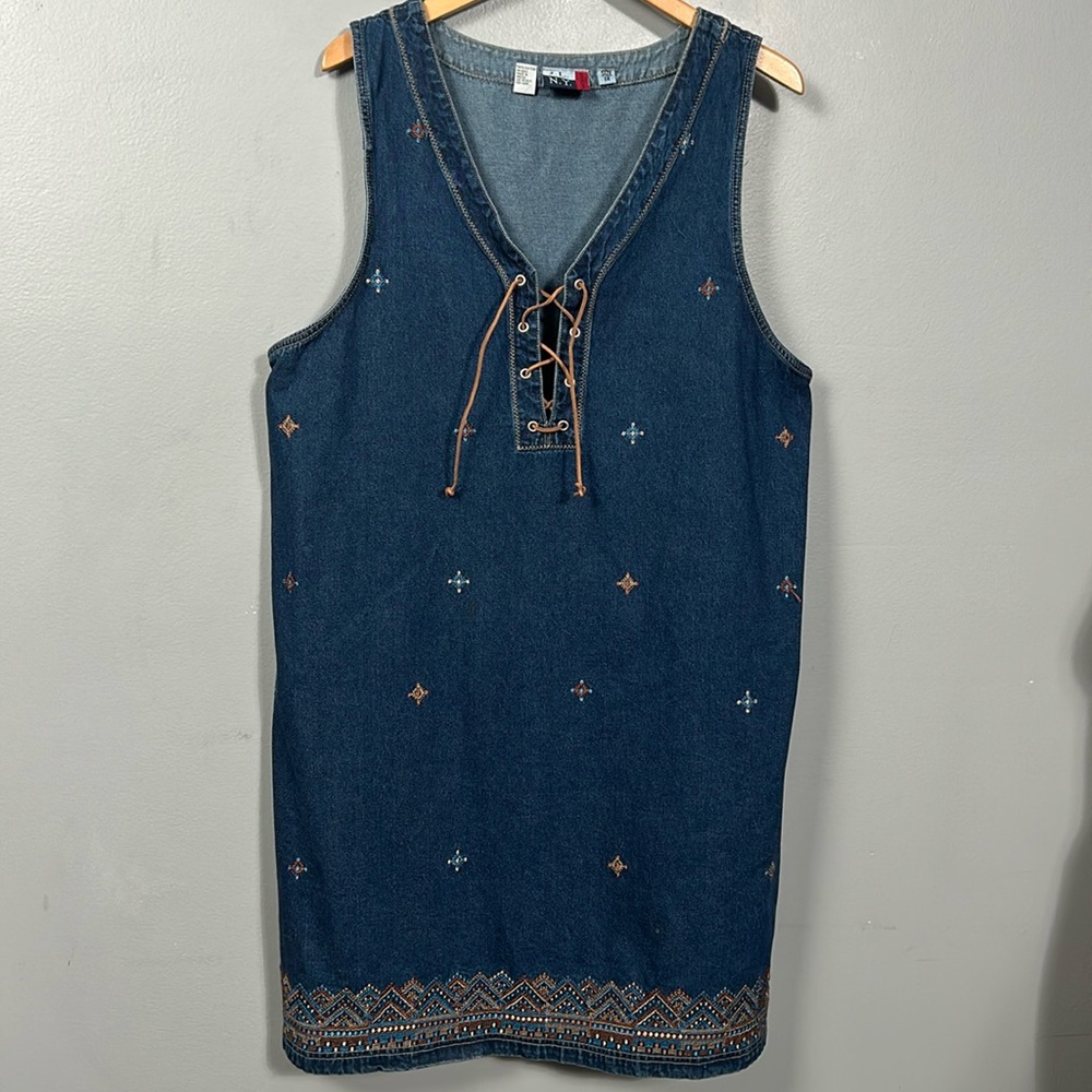 Embroidered Sleeveless Dress Vintage Embroidered Lace Up Boho Denim Jean 1X